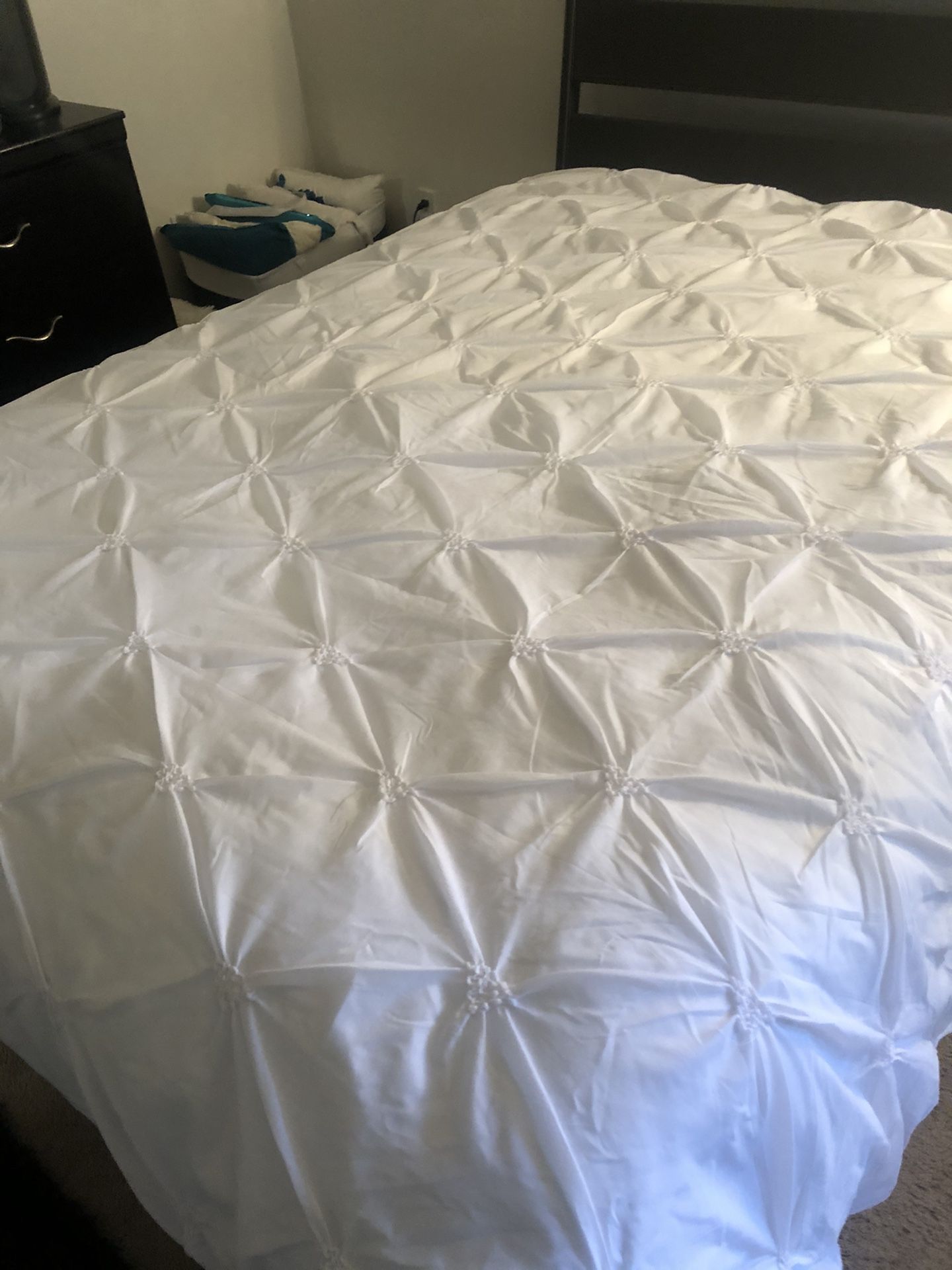 White down comforter with new ruched duvet cover