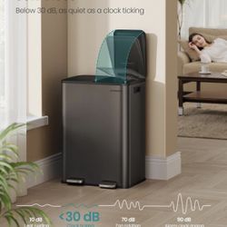 Trash Can, 2 x 8 Gallon (2 x 30 L) Dual-Compartment Garbage Can with Soft-Close Lid, Pedal and Inner Buckets, Stainless Steel, Includes 15 Liner Bags,