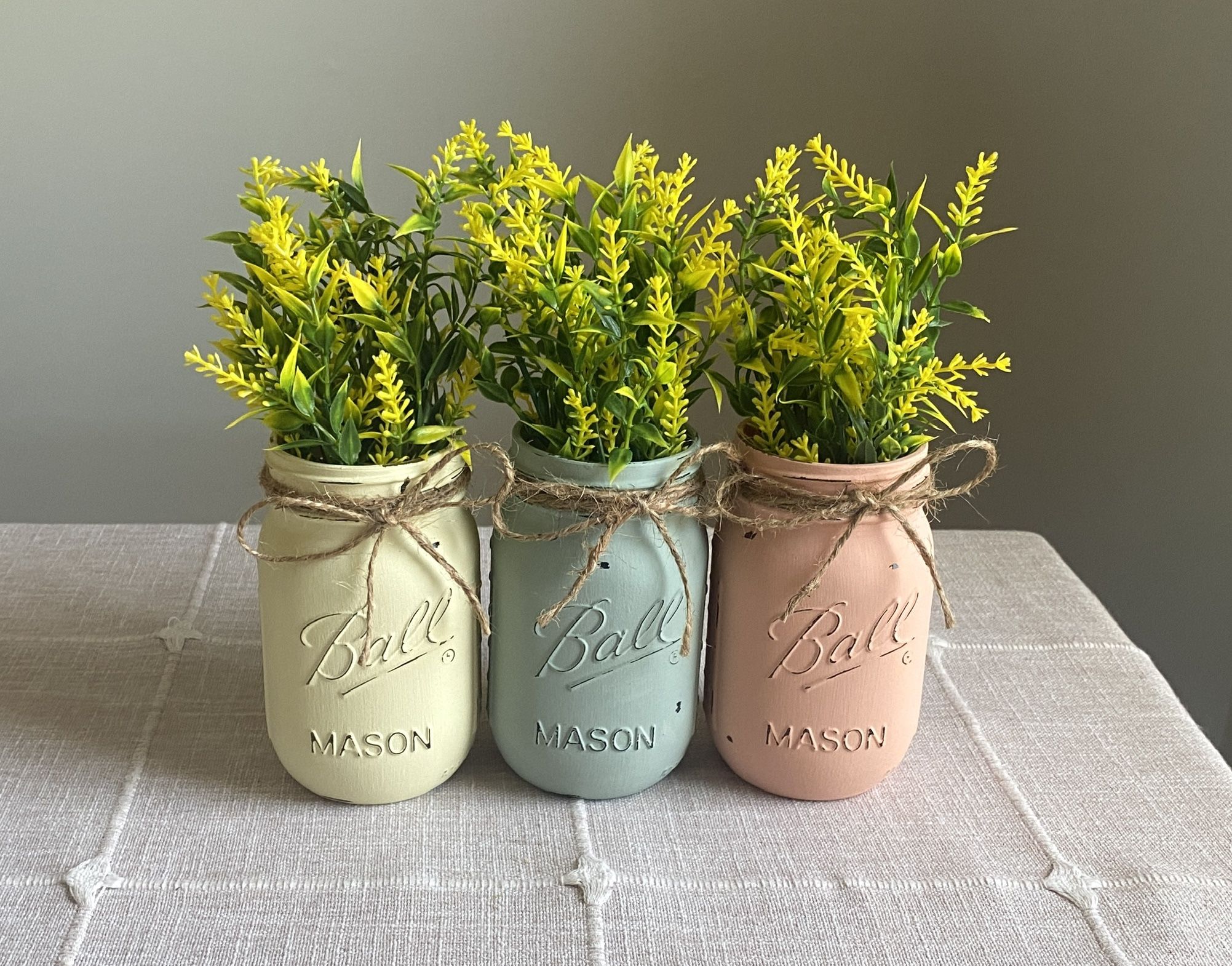 Chalk Painted & Distressed Mason Jar Vases w/faux Flowers Included 3 for $18