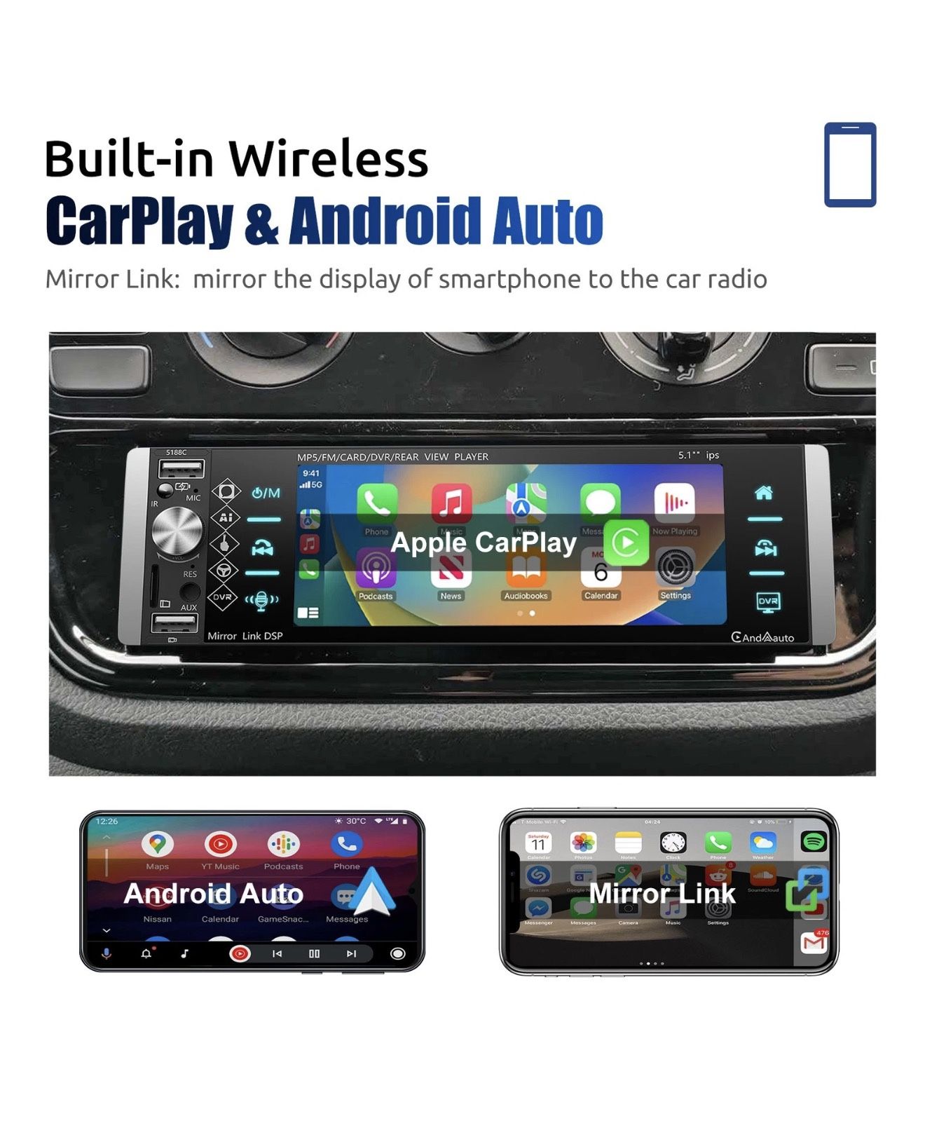 5.1" Car Stereo Single DIN Apple Carplay/Android Auto Radio Head Unit