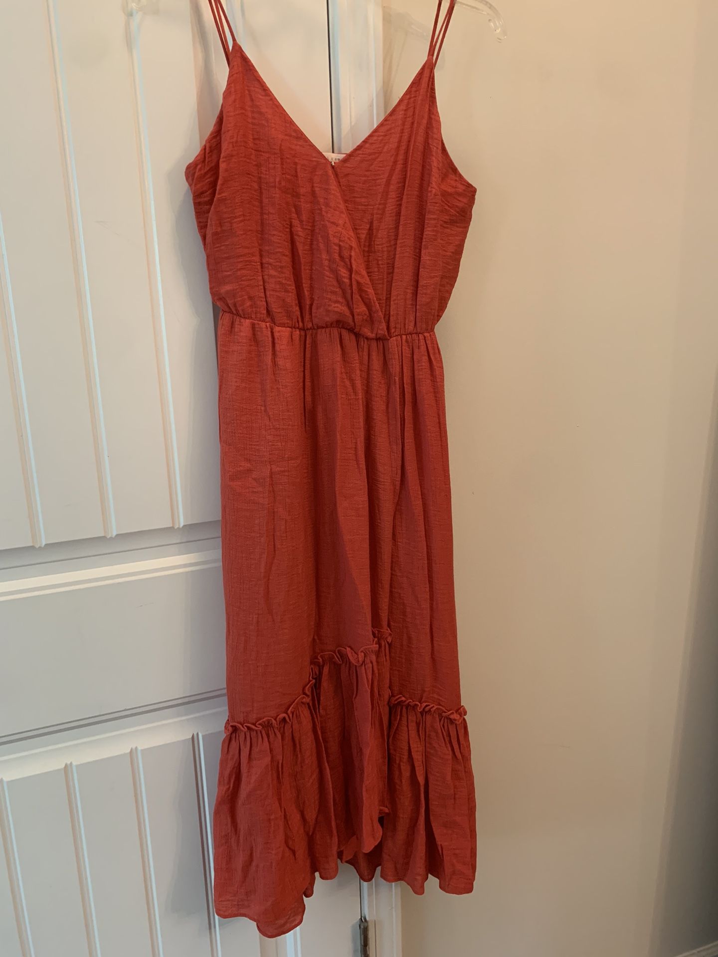 Lush asymmetrical wrap maxi dress with ruffled hem in salmon pink size small