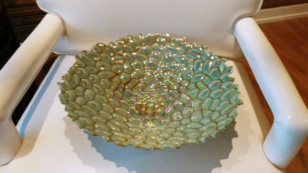 Iridescent Green W Gold Pebble Glass Bowl, New