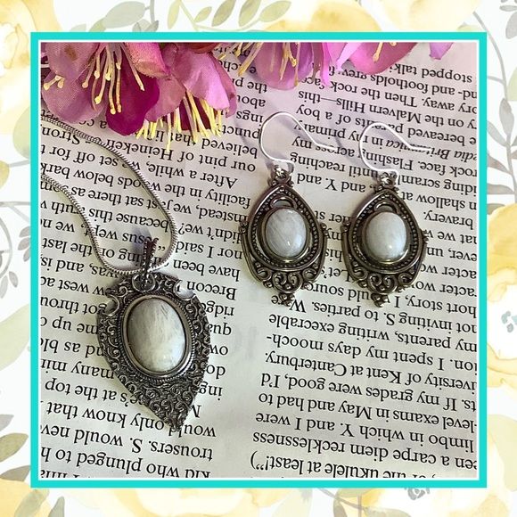 2PC MOONSTONE SET 18" NECKLACE EARRINGS NATURAL 925 SILVER CHAIN BOHO CHIC BUNDLE BOHEMIAN GYPSY RAINBOW FIRE DARLING LOVE PRETTY CUTE LOVELY GIFT