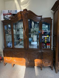 French Provincial Walnut China Cabinet Hutch