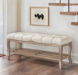 Beige fabric solid wood bench with shoe storage