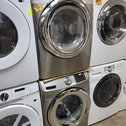 Samsung Front Loading Washer And Stackable Gas Dryer Set In Stainless Steel Platnum 