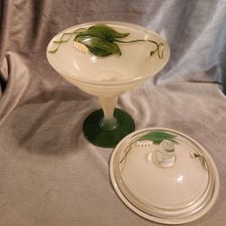 Rare find vintage  Pedestal Candy Dish, Hand Painted Enamel Flowers, Cream Monochrome Glass