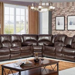 -Leather Reclining Sectional- Available In Brown Or Black