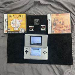 Original Nintendo DS Console Silver w/ Brain Age, Nintendogs, Metroid, COD 