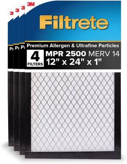 Filtrete Air Filter 1”, MPR 2500 MERV 14, High Performance 12X24X1 - 4 Pack