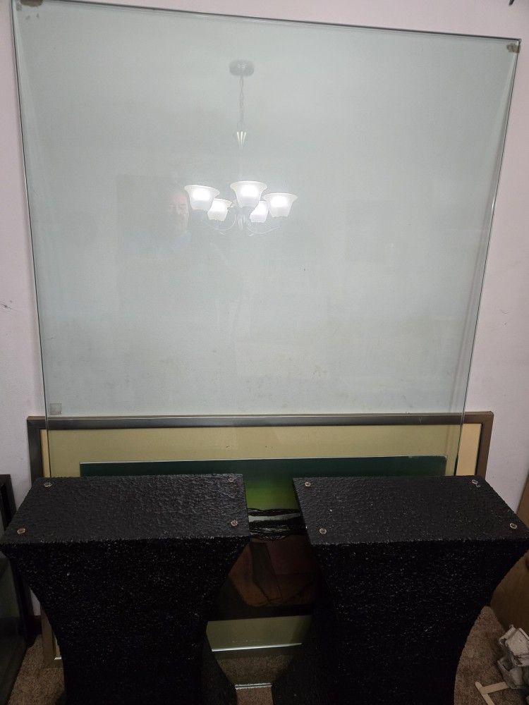 Glass Dining Room Table Set/chairs, chair covers.