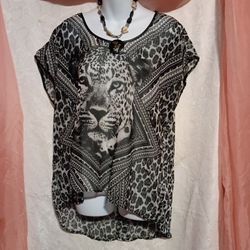 HeartSoul Ladies Black/Gray Sheer Leopard Top