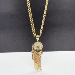 14k solid Gold cubana Chain and San Judas two gold , necklance gold pendant