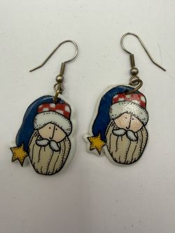 Vintage Signed 382 Ceramic Santa Folk Art Drop Earrings