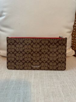 Coach Women’s Signature Logo Canvas Zip-Around Wallet Brown Red Zipper