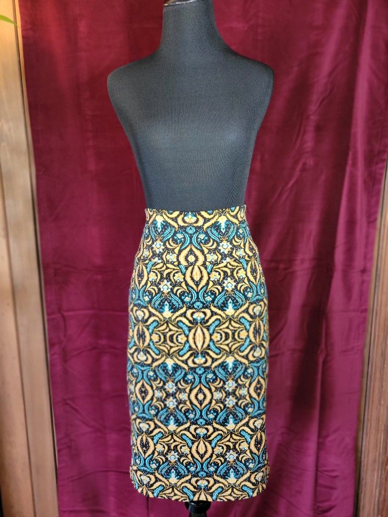 Lularoe Cassie Skirt Marigold & Teal Abstract Pattern Size Large EUC