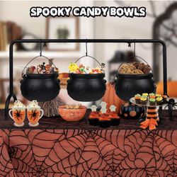 Halloween Witch Cauldron Candy Serving Bowl Hocus Pocus Decor, Set of 3 Black Plastic Cauldron Bowls with Iron Rack, Spooky Candy Bucket Punch Bowls f