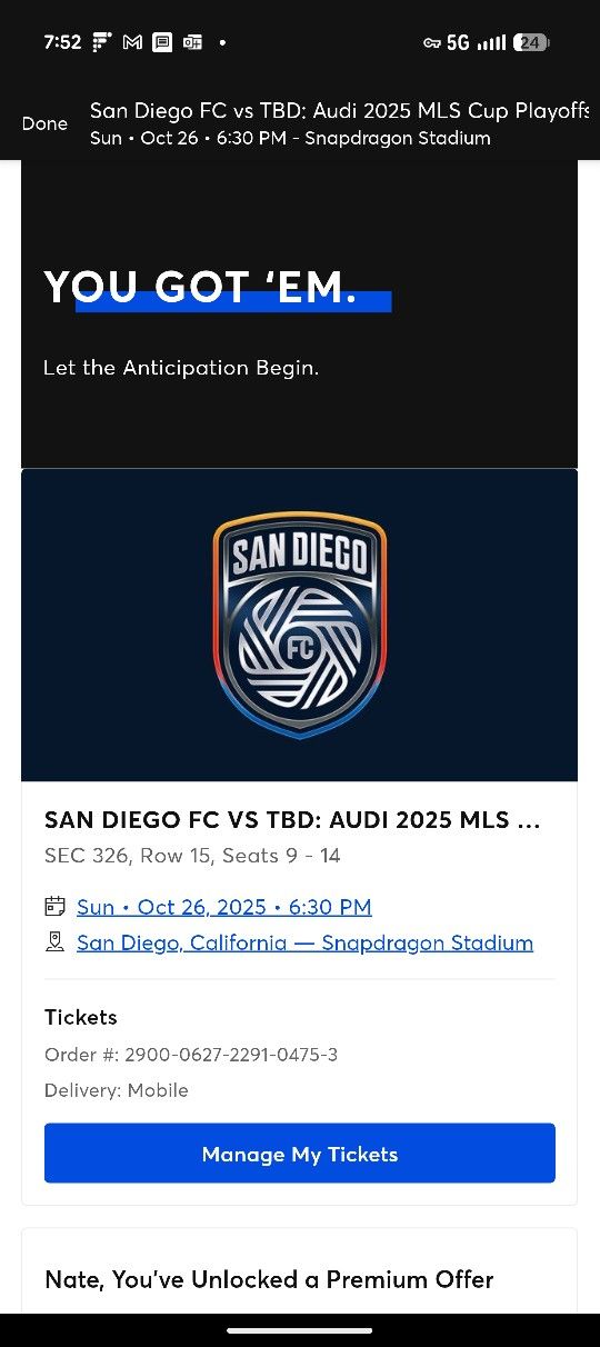San Diego FC Vs. Portland (MLS) - 1 Playoff Ticket For Sunday Remaining 