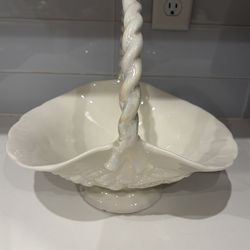Vintage White Glass Fruit Designed Porcelain Basket with White Luster Glaze. 9"