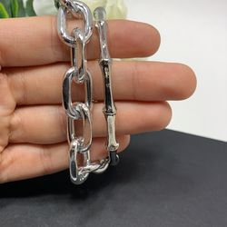 2Pcs Set Gold Plated Bamboo Thick Chain Link Chain Charm Bracelet, Silver Color