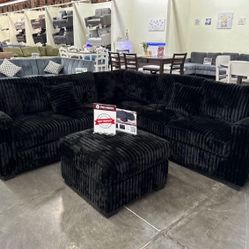 4pcs Black Sectional Sofas With Ottoman 