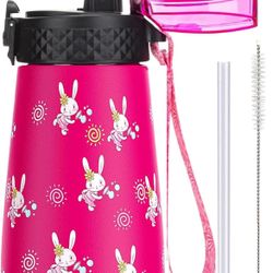 12 oz Kids Water Bottle with Straw Lid & Spout Lid Vacuum Insulated Stainless Steel Cup Double Wall Kids Metal Water Bottles For School Boys Girls (Ro