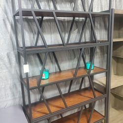 industrial-style metal and wood four-tier etagere bookcase. 