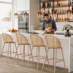 Bar Stools Set of 4 Rattan Swivel 26" Height Barstools for Kitchen Counter Island Mid Century Modern Boho Bar Stool Chairs with Metal Legs Woven Stool
