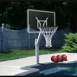 New in a sealed box Katop Swimming Pool Basketball Hoop Set with Standard 18"' Rim, Made of Aluminum Alloy, 3 Balls, 2 Colors, Adjustable Height, Deta