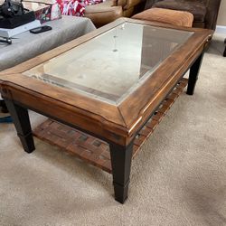 High end glass top wood and metal coffee table