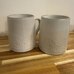 Set of Two White Embossed Mugs