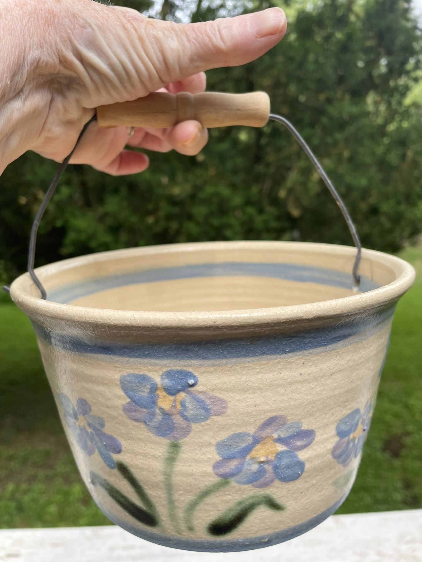 Vintage Ceramic Stoneware Pottery Basket w/ Handle Blue White. Signed By Artist.