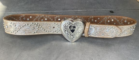 Vtg Y2K GUESS 100% Leather Western Cowgirl Rhinestone Heart Buckle belt Medium