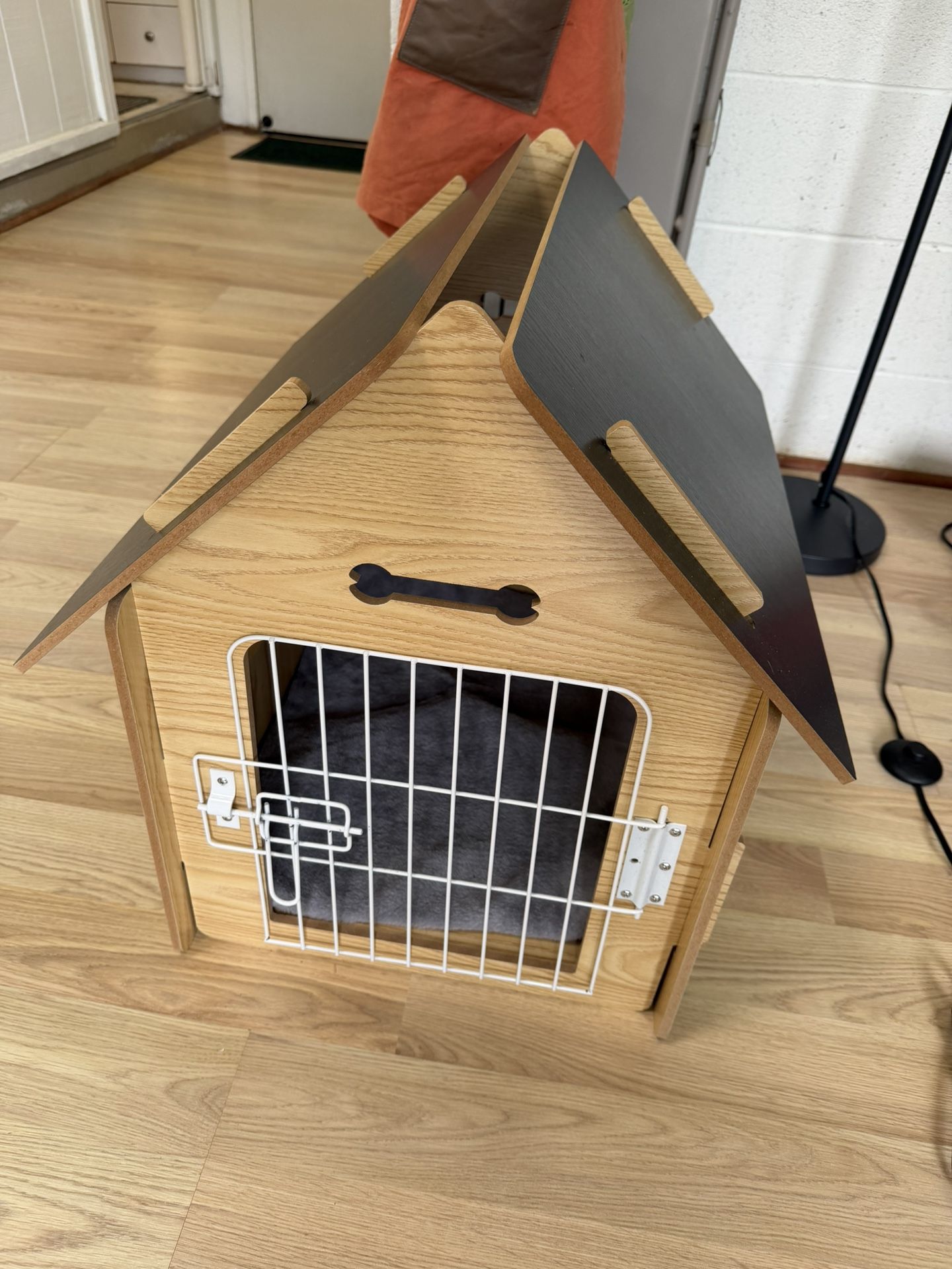 Modern Wooden Indoor Dog House w/ Cushion & Metal Door