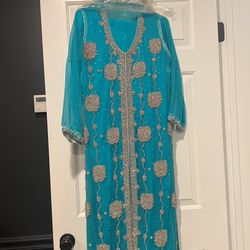 Beautiful Sky Blue Color  Long Shirt With Dupata And Pants Stone And Embroidery 