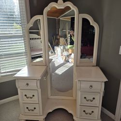Vintage Wood Vanity with full length tri-fold mirror and chair