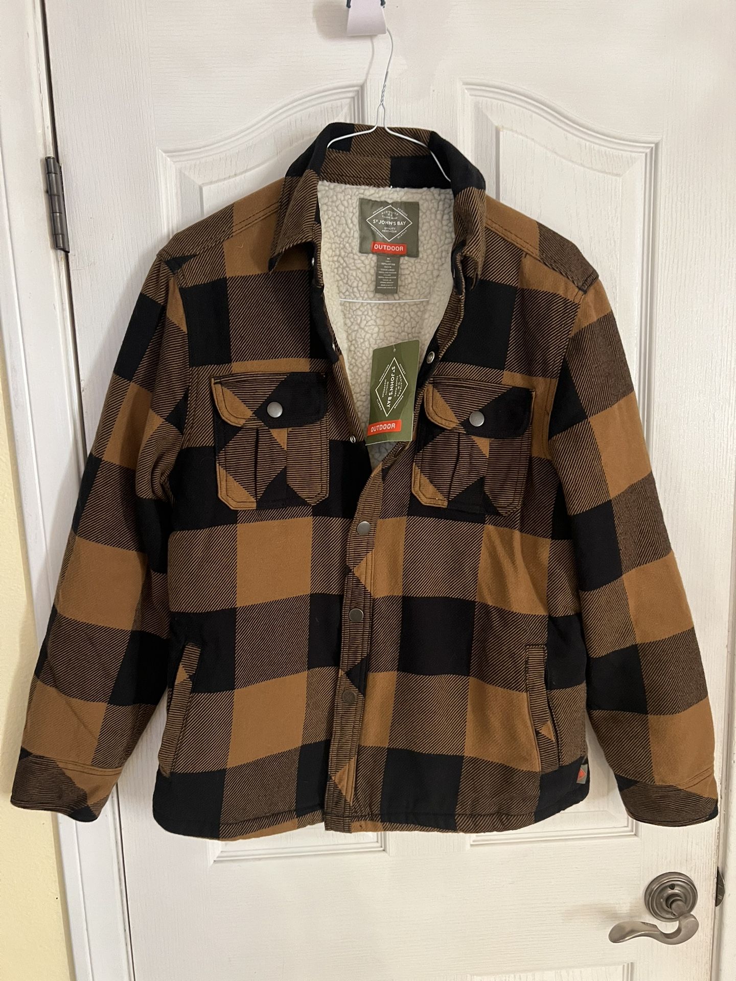 Men's St Johns Bay Shirt Jacket Fleece Lined Snap Up, Royal Brown, Plaid Size M