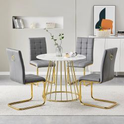 Dining set 5 pc White Table top, ,Metal base gold finish, Grey Faux leather. New Especial price 