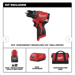 Milwaukee M12 Drill With (2) CP2.0 Batteries, Charger And Contractors Bag New In Box