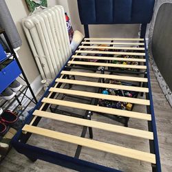 Twin Blue Upholstered Panel Bed