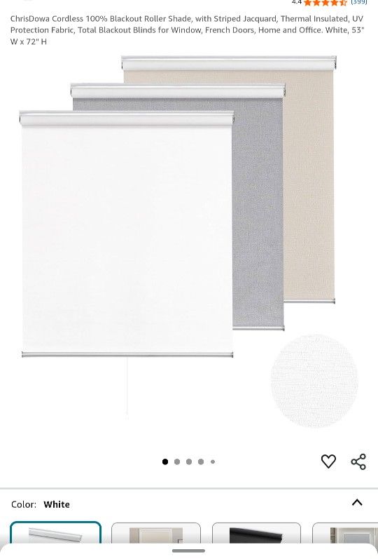 CORDLESS BLACKOUT ROLLER SHADE WHITE 53" X 72"