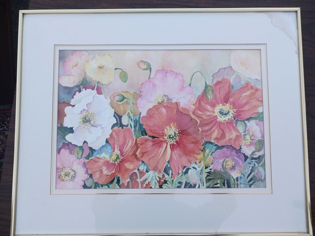Original Water Color Painting Signed Poppies Pink Red Purple Green Yello White