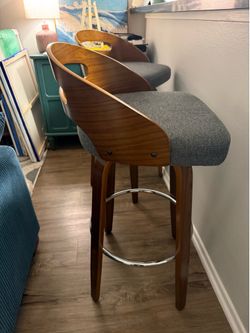 Dark Grey Upholstered Swivel Bar Stools / Set of Two / Mid Century Modern ****LIKE NEW CONDITION