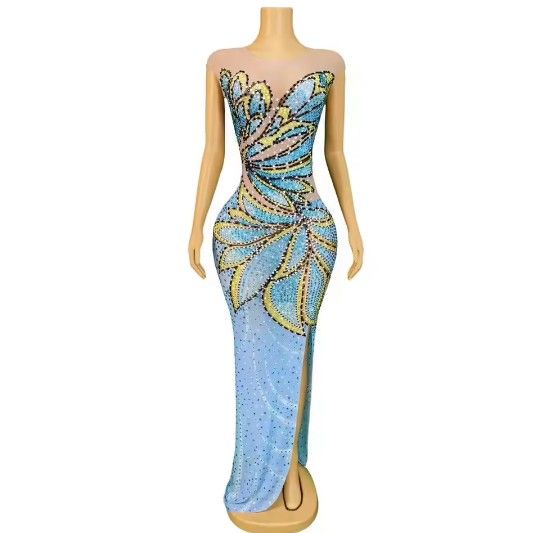 Sky Blue & Yellow Rhinestone Mermaid Dress 