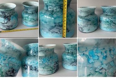 Set of 2 Teal Marble GLASS Vases
