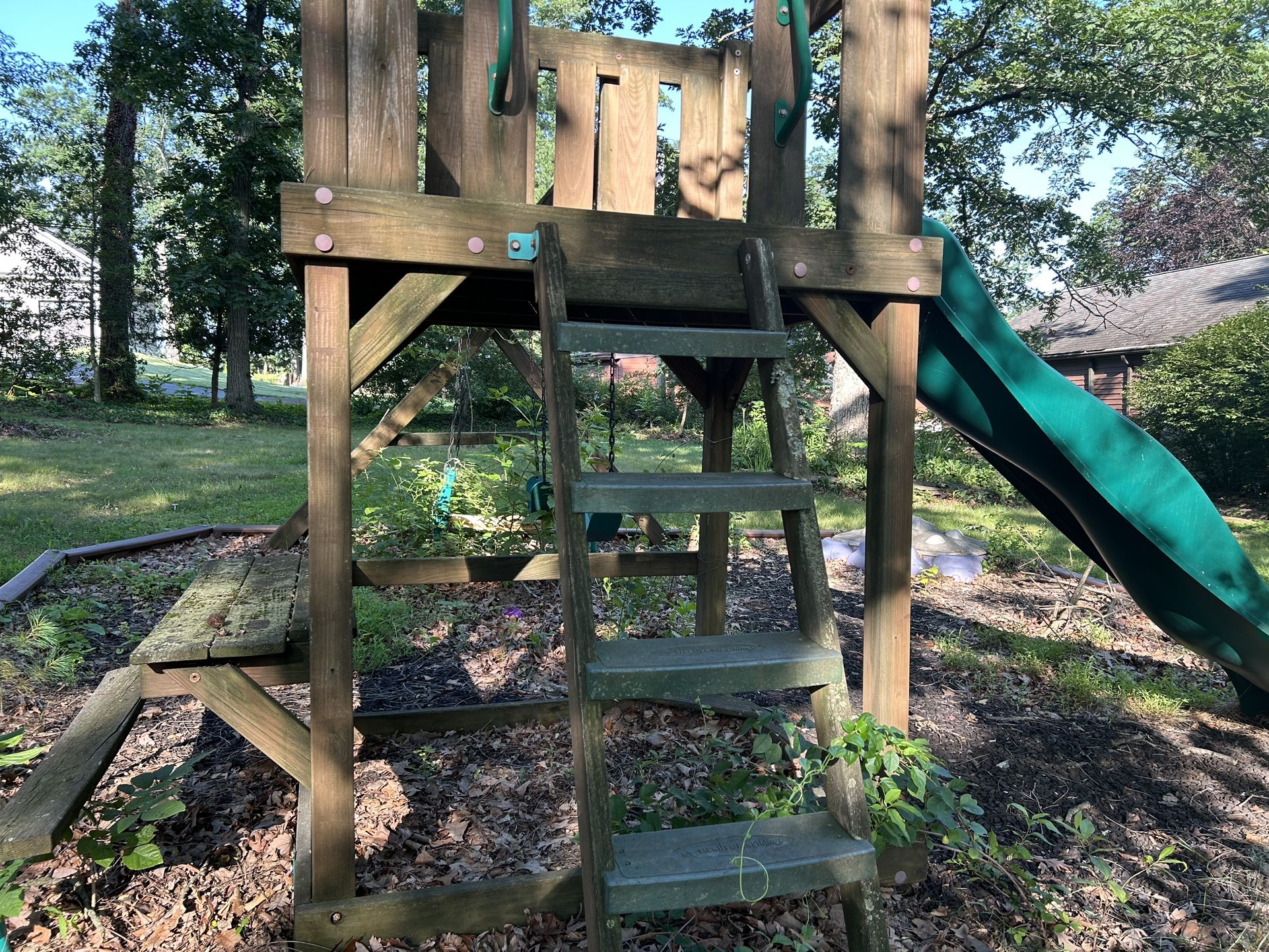 Outdoor Wooden Swing Set And Slide.