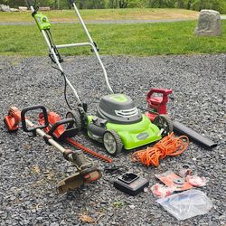 Electric lawn care package! Greenworks 18 in lawn Mower + Toro blower + hedge trimmer & weed wacker