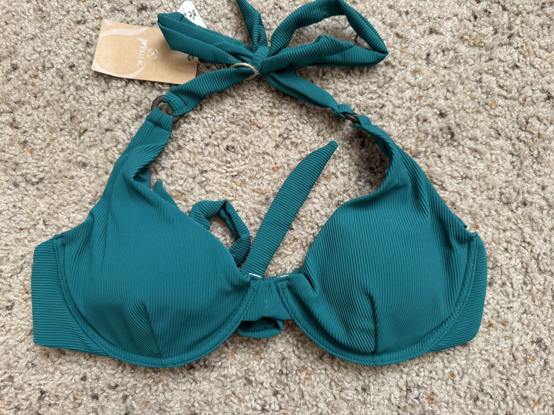 Berlook Green Ribbed Bikini Set With Underwire Halter Top And Tie Bottoms