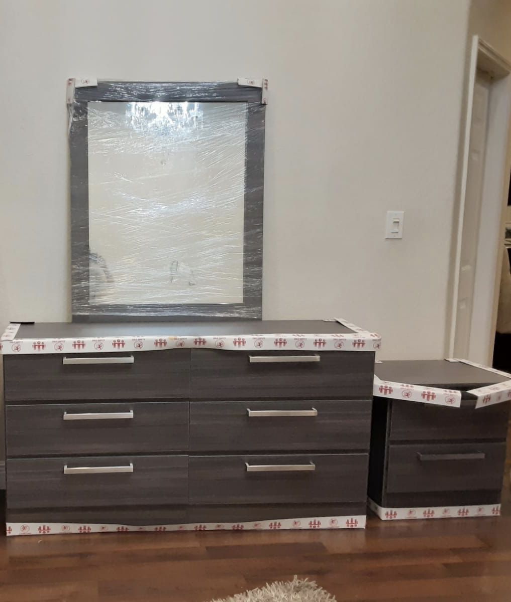New Grey Dresser. Mirror. Two nightstands. Delivery