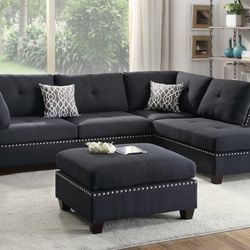 New Black Sectional Sofa Couch Ottoman 